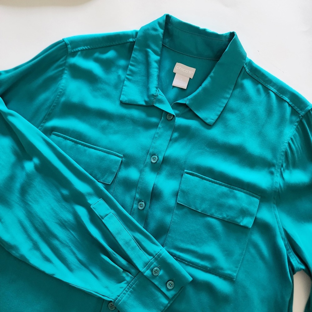 Chicos Womens Teal Green Button Down Long Sleeve Shirt Blouse Top Size‎ 2  L